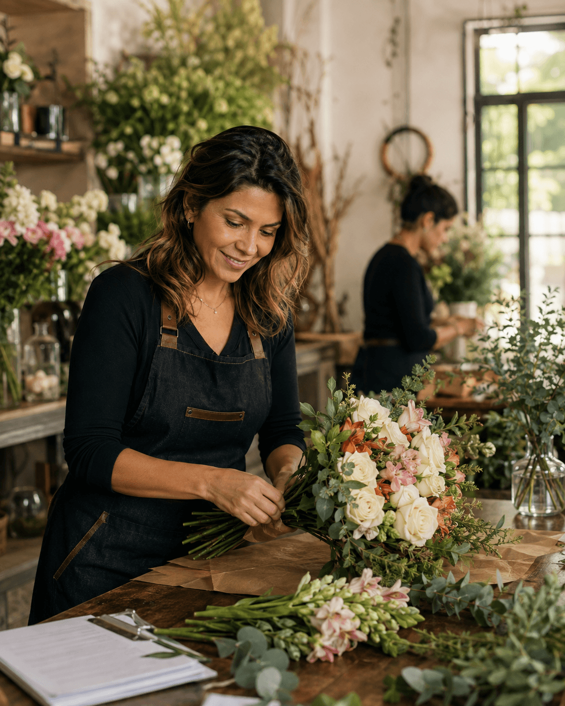 Empresária de floricultura trabalhando com tranquilidade em uma operação organizada